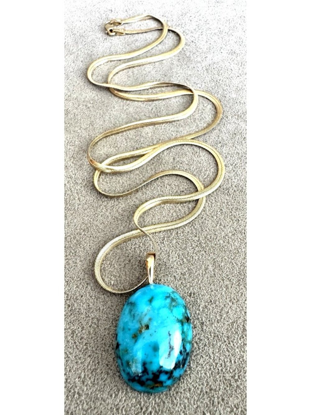 Vtg TURQUOISE PENDANT on Gold Vermeil STERLING Silver Chain NECKLACE Herringbone